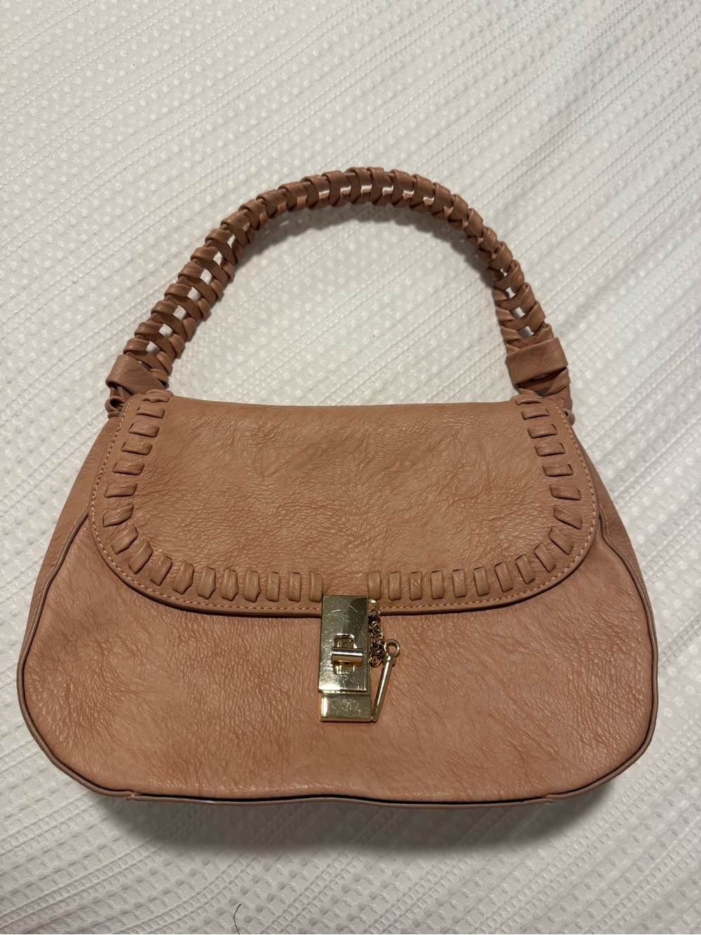 Woven Handle Tan Shoulder Bag with Gold Lock